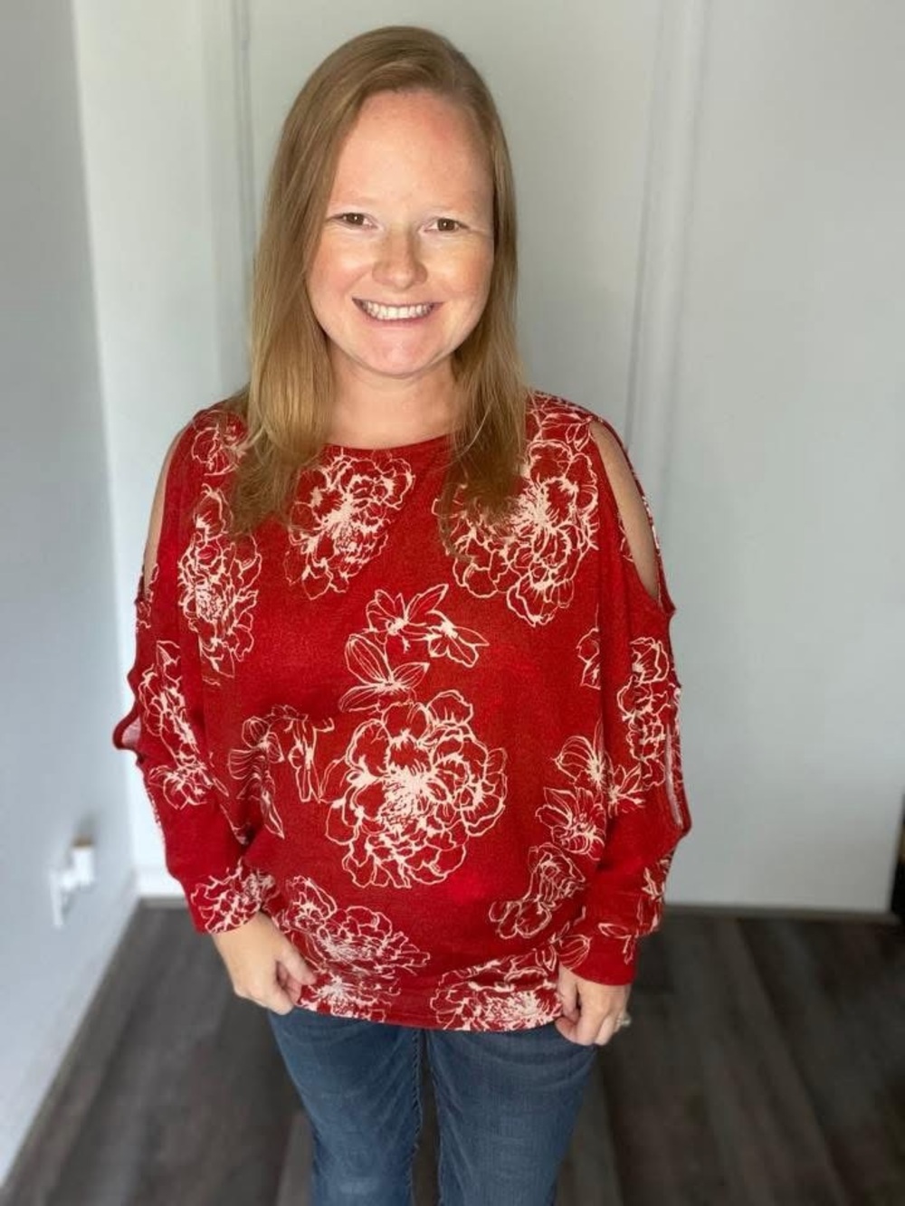 Emerald Red Floral Cold-Shoulder Top
